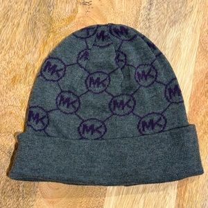 Michael Kors Gray & Purple Cuffed Knit Beanie Hat